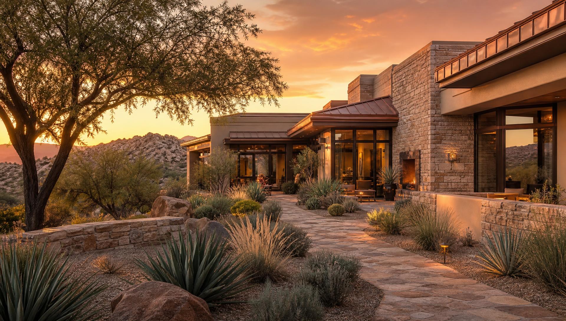 Luxury Southwestern home at golden hour in Prescott, Arizona