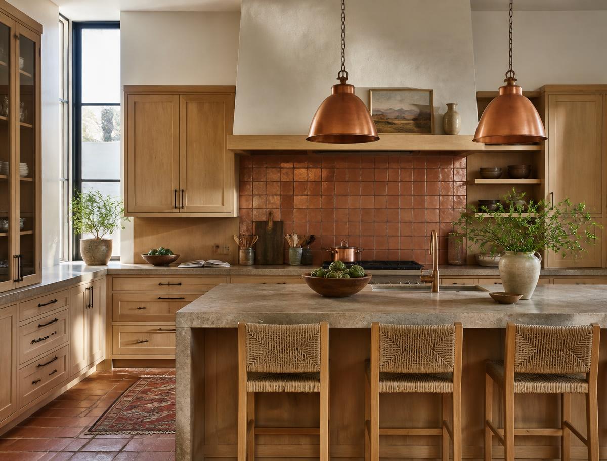 Luxury kitchen with white oak cabinetry and copper pendants designed in Prescott AZ