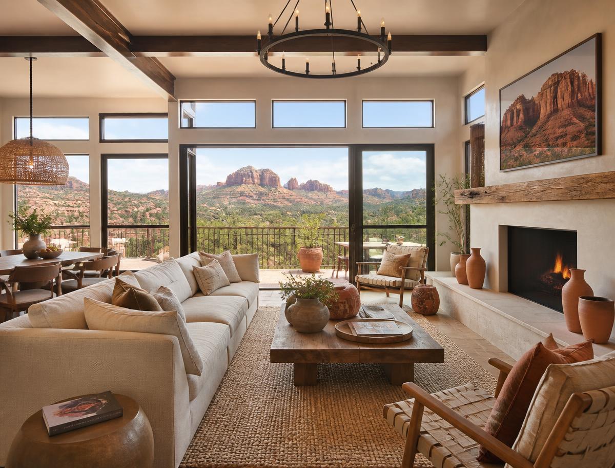 Furnished Sedona vacation rental great room with red rock views